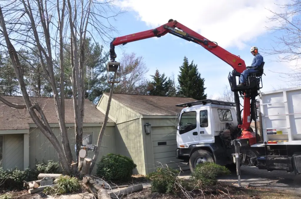 Knuckle-boom grapple truck clearing a felled tree beside a house