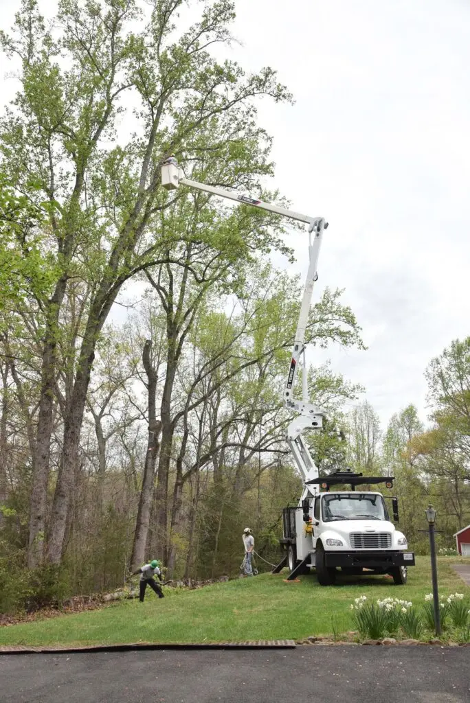 Bucket truck set up in a customer's yard