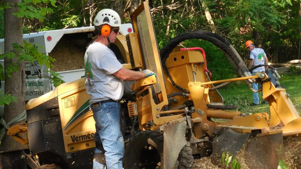 Crew member running the stump grinder
