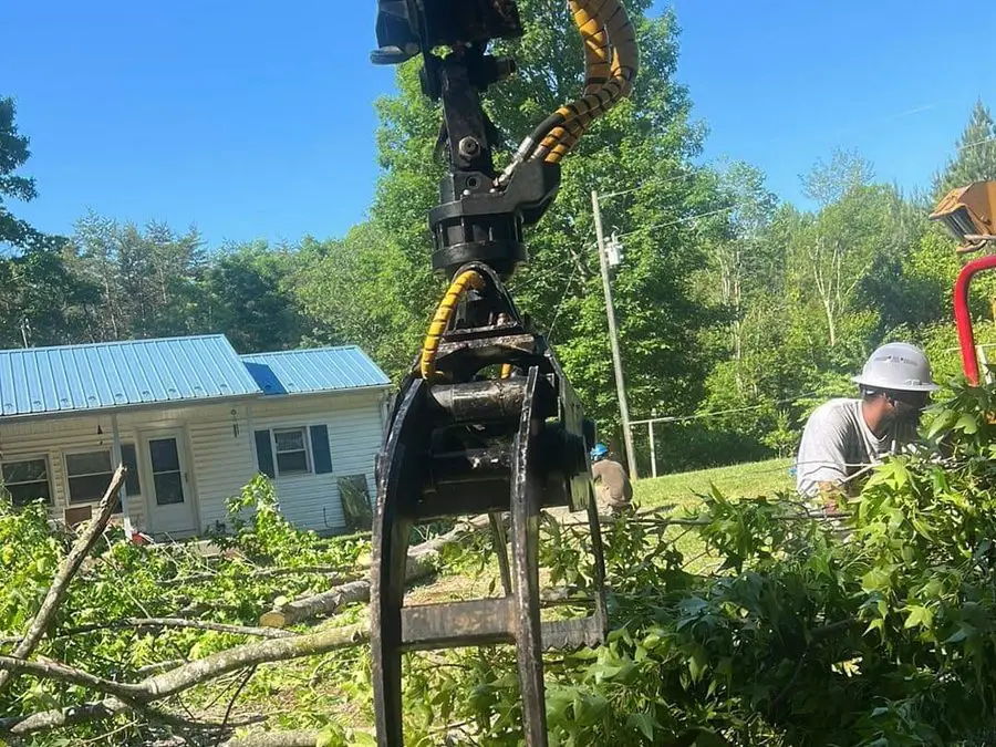 Grapple lifting a trunk section over a house